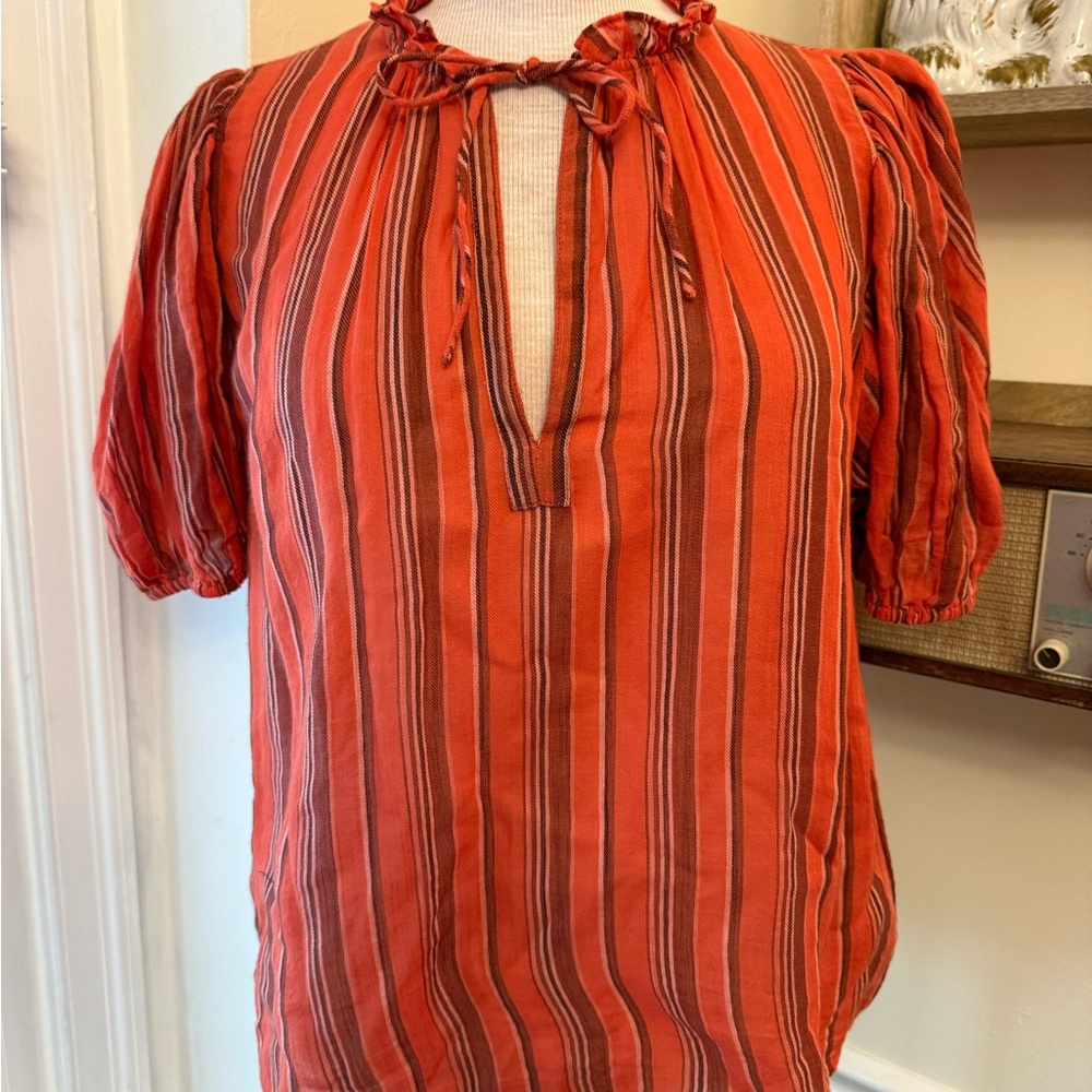 Ulla Johnson Oona striped cotton split-neck top in “Porto" colorway 6 small